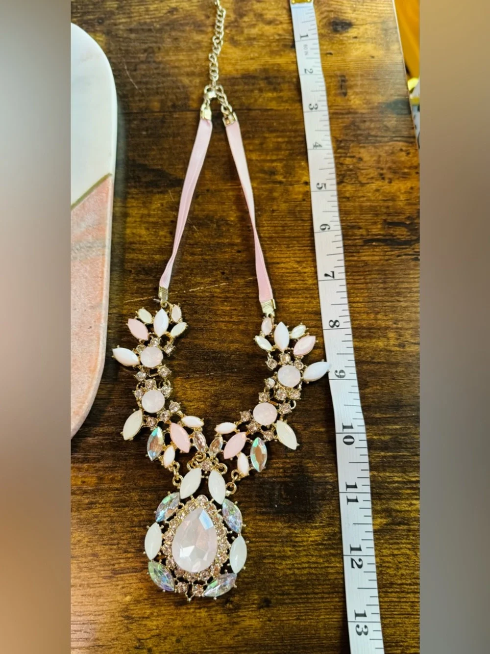 Statement Bib Necklace Pink Rhinestone Crystal Teardrop Gold Tone Ribbon - Picture 7 of 7